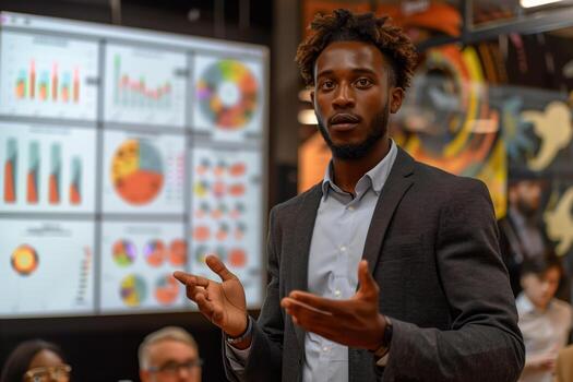 Businessman giving presentation with data visualizations on screen photo