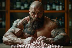 Muscular tattooed man with beard counts pink pills in a dark room photo