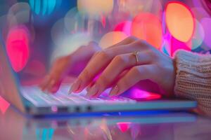 Womans hands typing on laptop with colorful bokeh lights photo