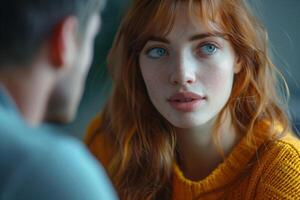 Woman with red hair looking at man in conversation photo