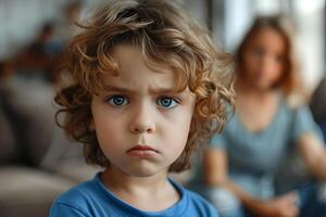 A young boy with curly blonde hair sits indoors and looks directly at the camera with a serious expression on his face photo