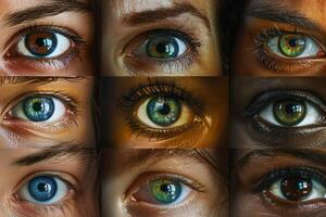 Close up collage of nine human eyes with varying colors and skin tones photo