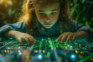 Young girl with curly blonde hair, leaning forward and interacting with a futuristic holographic display, seemingly embedded in a natural environment of greenery photo