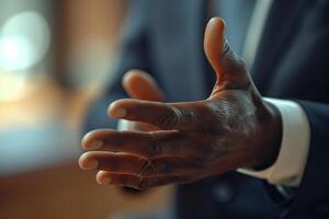 A mans outstretched hand in a business suit, ready to shake photo