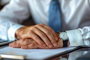 Closeup of mans hands resting on a document in an office setting photo