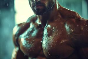 Muscular bodybuilder posing in the shower, showing off chest muscles photo
