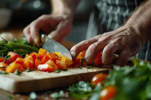 Close up of chefs hands chopping red and yellow peppers on wooden cutting board photo