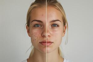 A close-up of a young womans face, divided into two sections. The left side shows her face with visible acne scars, while the right side shows clear, smooth skin photo
