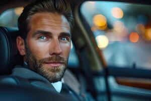 Man with a beard looking out of a car window at night. He is wearing a suit jacket and has a serious expression on his face photo