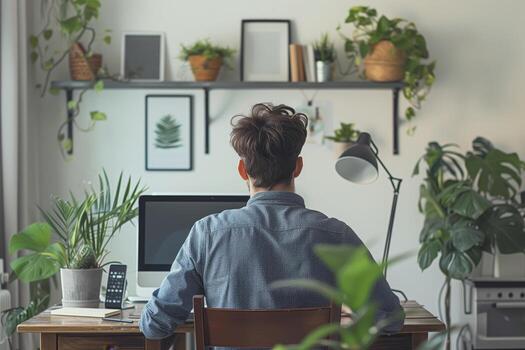 Man working at home desk with many plants, view of back freelancer photo