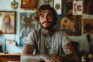 Portrait of a tattooed man in a room with artwork photo