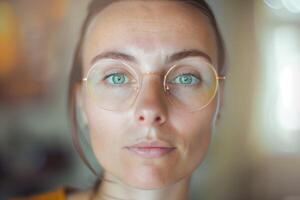 Close up portrait of a woman wearing round glasses photo