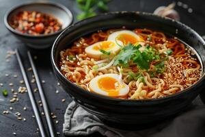 Close up of ramen noodles with eggs and herbs in a black bowl photo