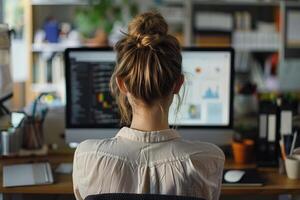 Woman working on computer in home office during day photo