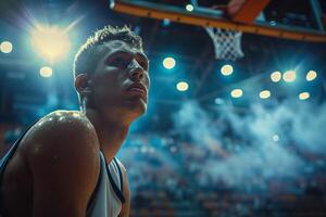 Sweaty basketball player looking up at the hoop under bright lights photo