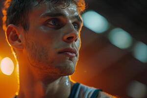 Close-up portrait of a sweaty male basketball player during a game photo