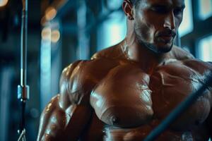 A muscular bodybuilder poses during a workout in a gym. He is flexing his chest muscles, and his body is glistening with sweat photo