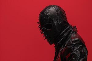 Person wearing black leather mask and jacket against red background photo