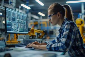 Female engineer working at computer in industrial setting photo