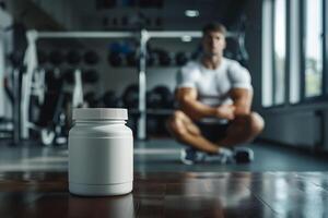 White supplement container in a gym with a male athlete in the background photo