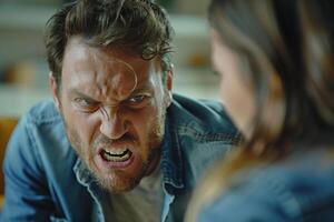 Man with a beard and blue denim shirt yelling at a woman, facial expression is extremely angry, with his mouth open in a scream and his eyes wide. Heated argument between a couple photo