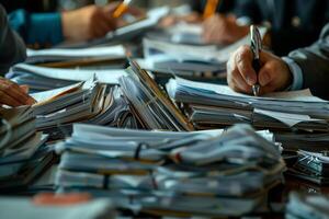 Large stacks of paper documents during a busy day at the office photo