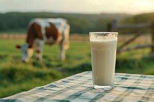 A glass of milk on a checkered tablecloth with a cow grazing in the background photo