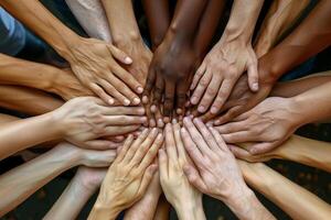 Diverse hands joined together in unity and support. Symbolizing unity, teamwork, and collaboration, power of working together photo