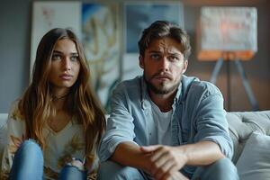 A quarreling sad young couple sits on a beige couch in a living room at a psychologist's appointment, looking intently at something off-camera photo