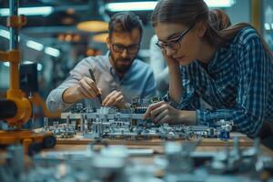 Two engineers working on complex electronics project in a modern lab photo