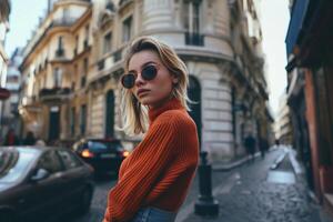 Woman wearing red sweater and sunglasses walking down a street photo
