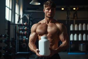 Muscular athlete holding a protein supplement container mockup in a gym photo