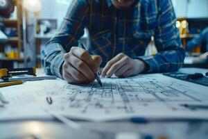 A close-up image of an architects hands carefully drawing on a blueprint with a pen. The architect is seated at a desk, surrounded by tools and other architectural drawings photo