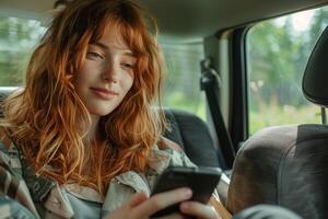 Young woman using smartphone in backseat of car photo