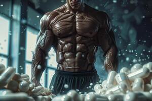 Muscular man standing above pills in a gym setting photo
