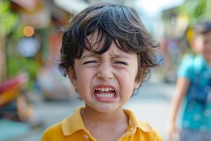 Young boy with angry expression outside on sunny day photo