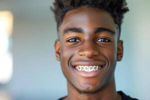 Young black man smiling with braces photo