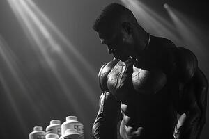 Muscular man posing under stage lights with protein supplements photo
