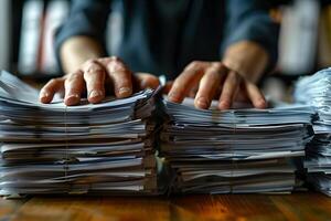 Hands resting on large stacks of papers photo