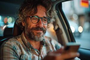 Bearded man with glasses using smartphone in car at night photo