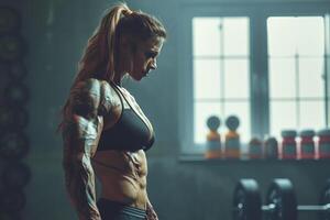 Powerful female bodybuilder posing in a gym photo