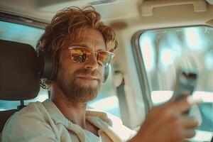 Bearded man using smartphone in car with headphones and sunglasses photo