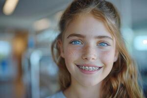 Young girl with braces smiling indoors photo