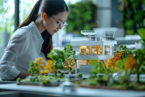 Architect examining green city model in modern office photo
