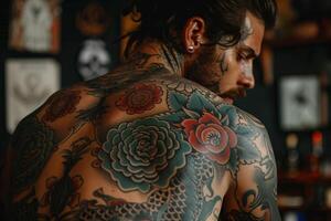 Man with extensive traditional japanese tattoos posing in studio photo
