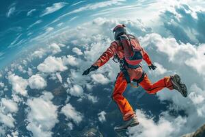 A skydiver wearing a red jumpsuit and helmet freefalls through the air over sea of fluffy white clouds. The skydivers arms are outstretched and they appear to be enjoying the exhilarating experience photo
