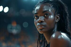 Close up portrait of a woman in a basketball uniform on a court photo