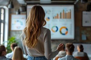 Woman giving presentation with charts and graphs in modern office photo