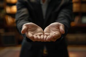 A close-up image of a person offering their open hands towards the viewer photo