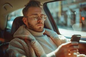 Young man using smartphone while riding in a car on a sunny day photo